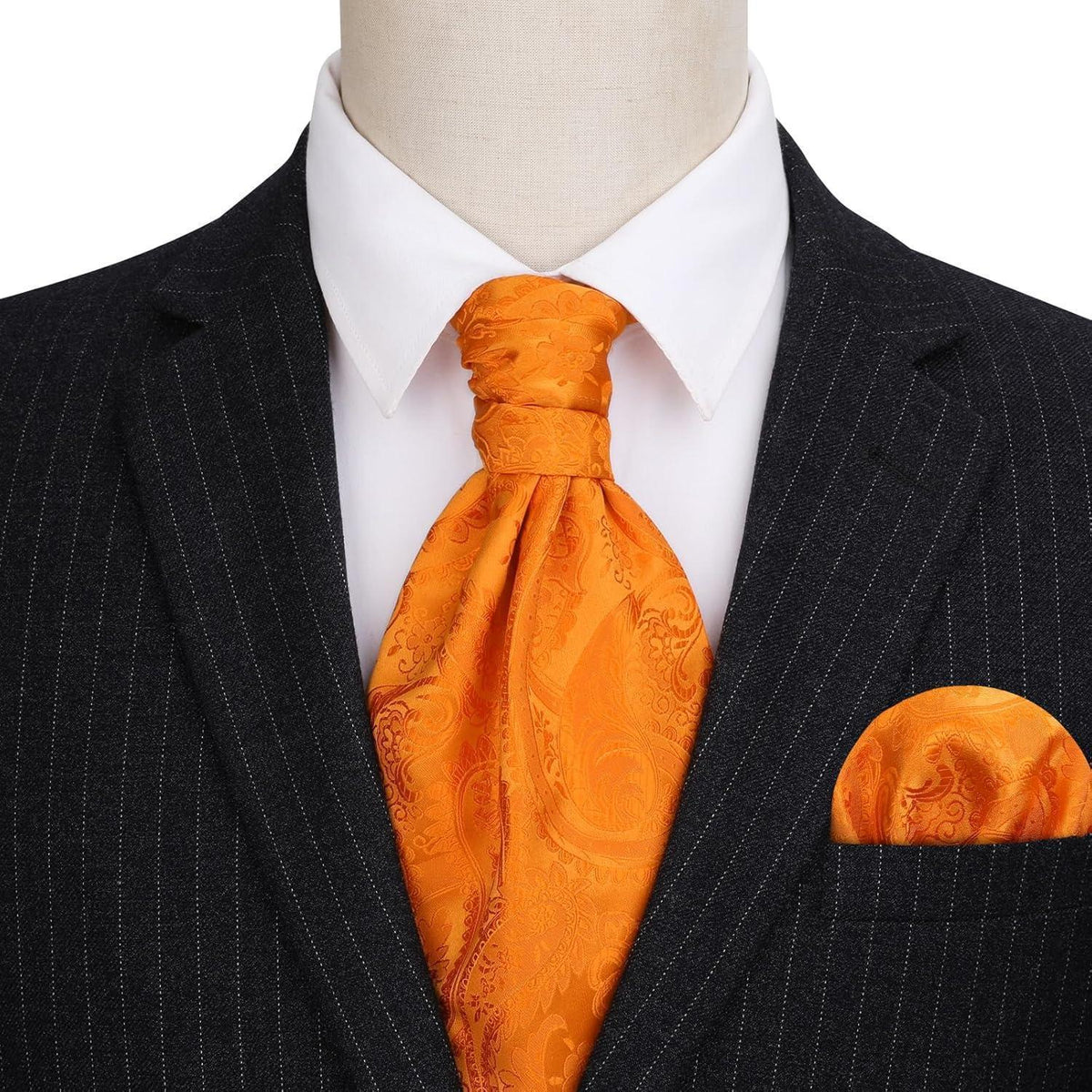 Herren Ascot Krawattenschal Set Paisley Orange mit Einstecktuch
