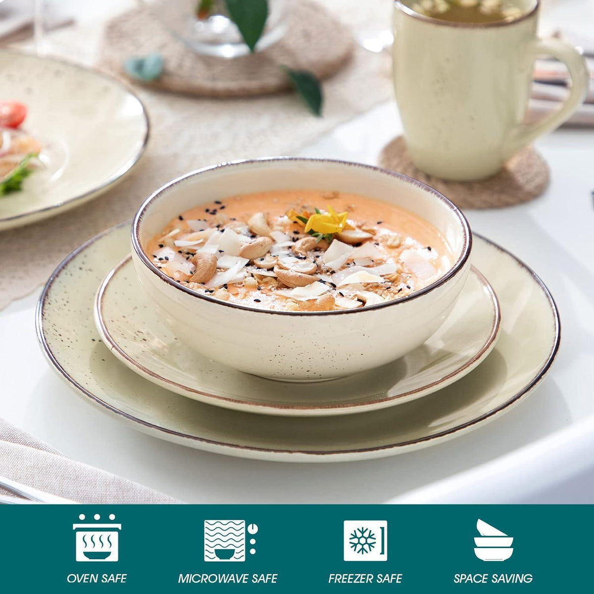 Steingut Tafelservice Set 16-teilig Vintage Natur Design Beige