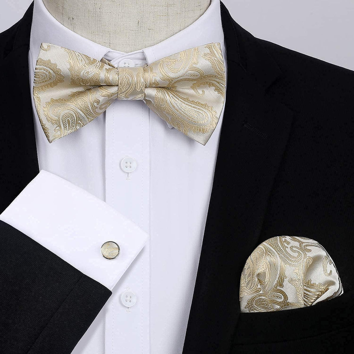 Paisley Fliegen-Set mit Einstecktuch und Manschettenknöpfen, Beige