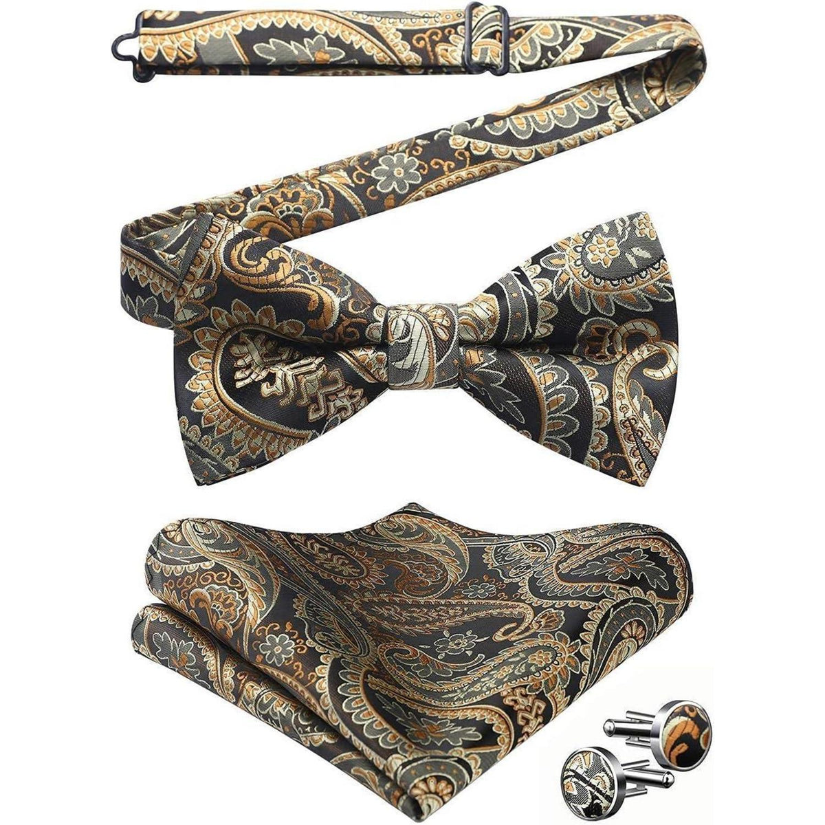 Herren Paisley Fliegen-Set mit Einstecktuch und Manschettenknöpfen, Gold