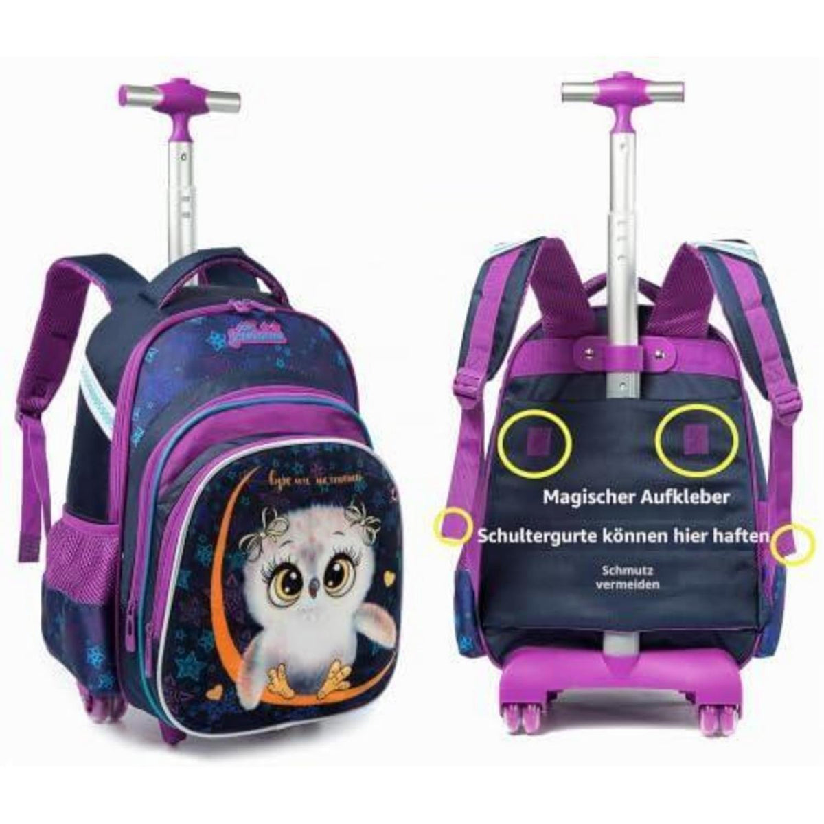 Schultrolley Rucksack Eule Grün mit Lunchbox & Federmäppchen