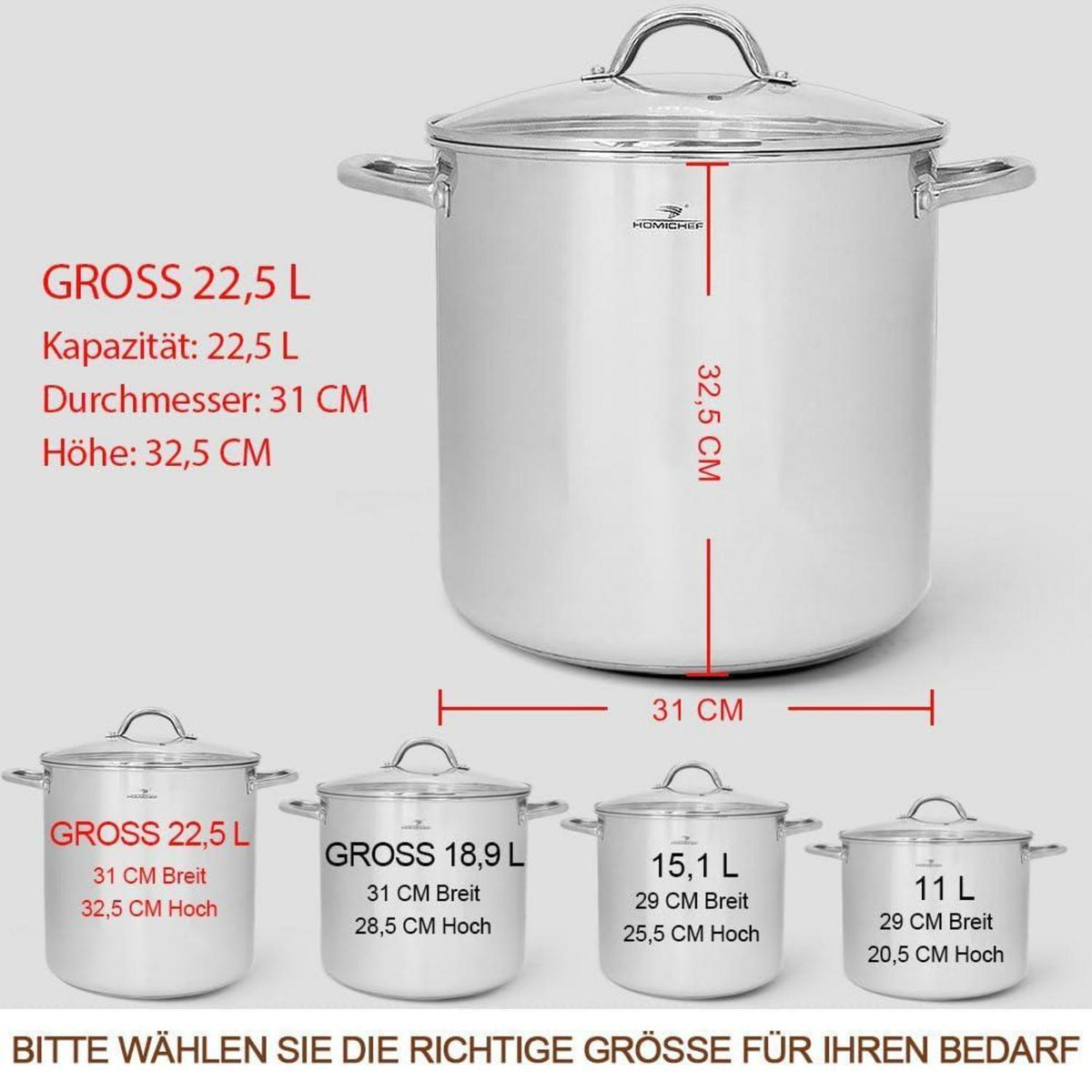 Großer Edelstahl-Suppentopf 22,5 Liter mit Deckel