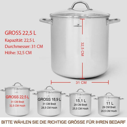 Großer Edelstahl-Suppentopf 22,5 Liter mit Deckel