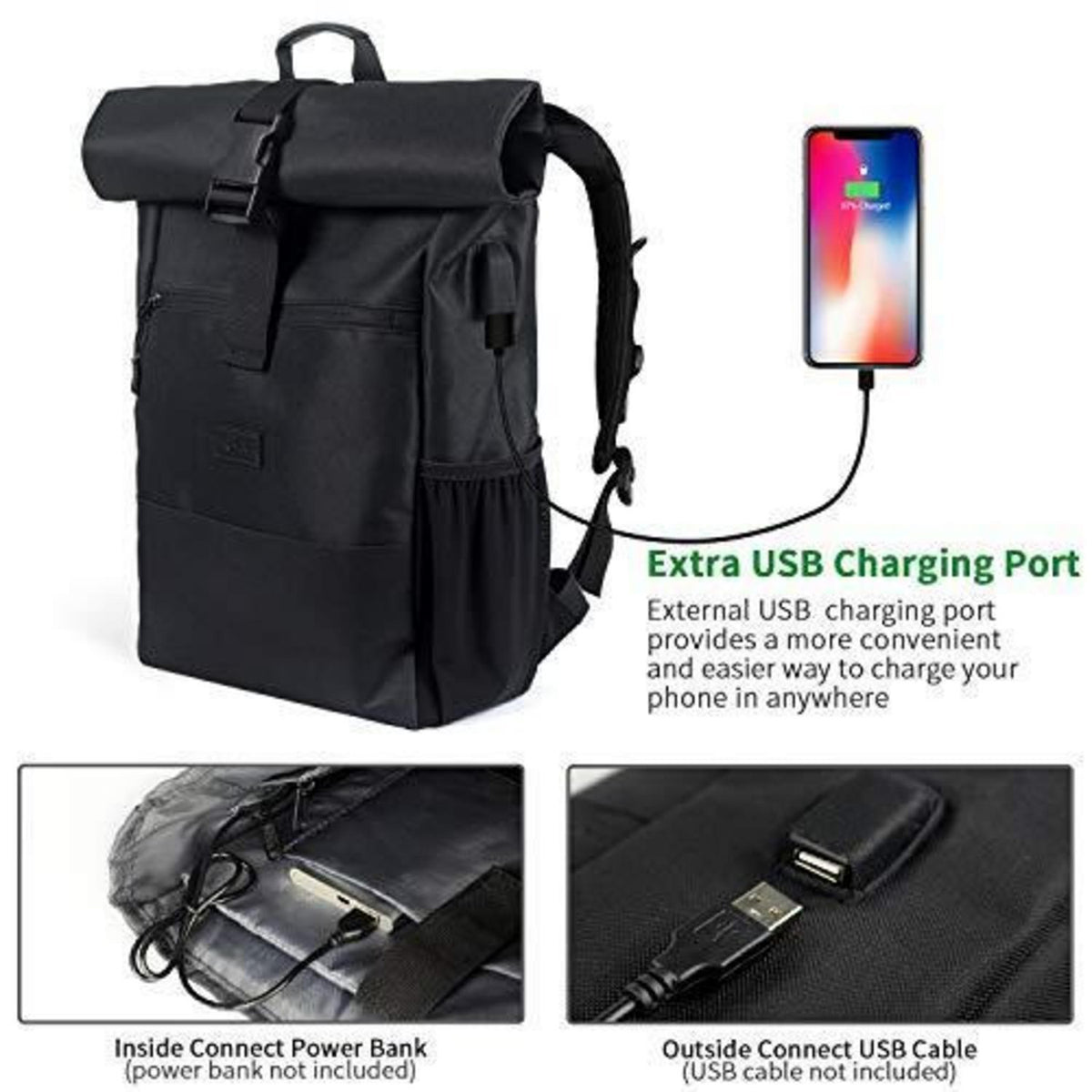17 Zoll Laptop Rucksack Rolltop – Schwarz, Vielseitig & Komfortabel