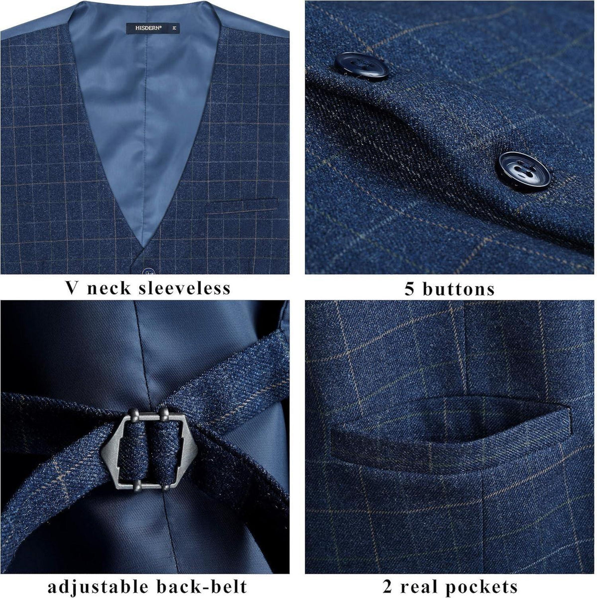 HISDERN Herren Formale Baumwolle Plaid Weste Anzug Hochzeit Royal Blue XS