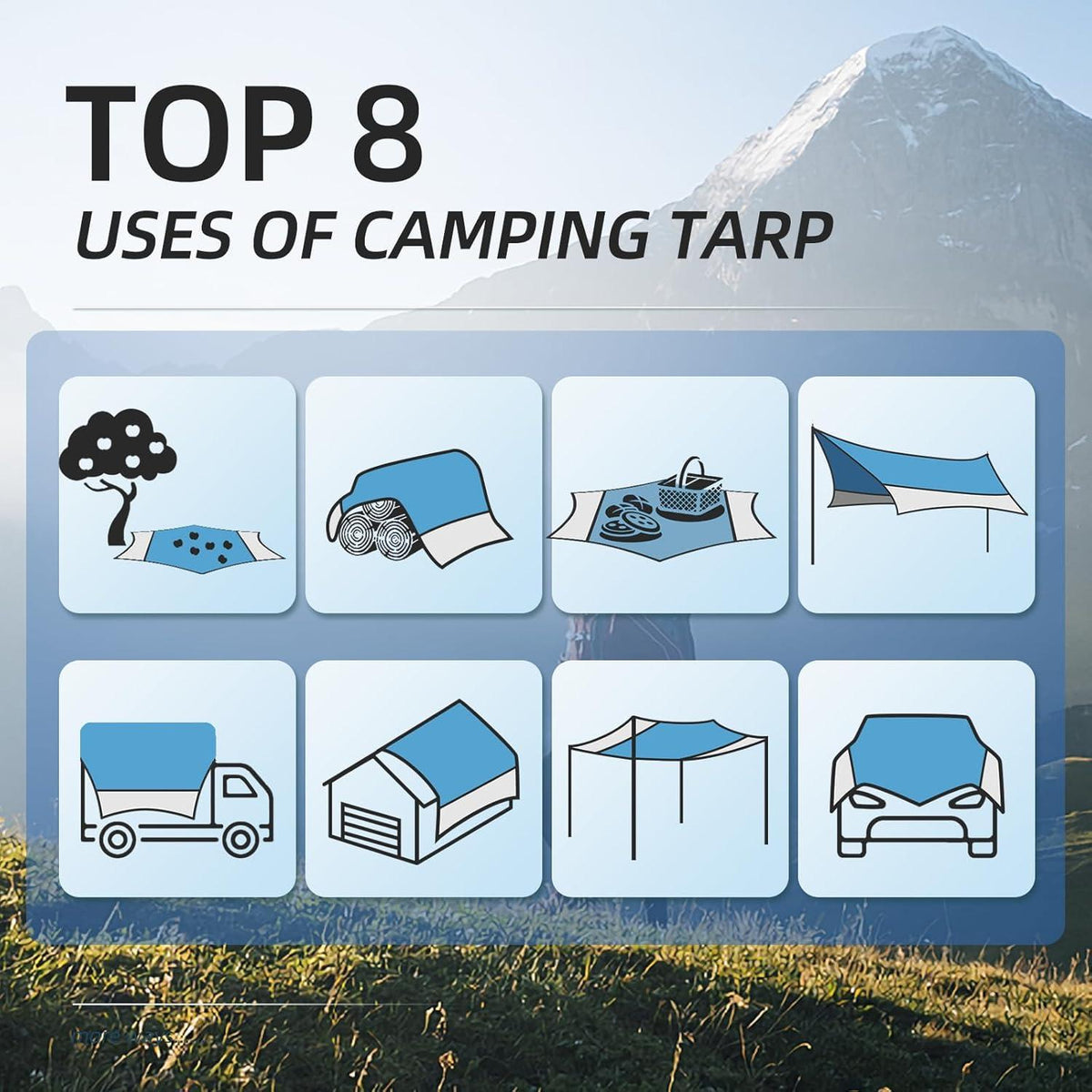 Ultraleichte Camping Plane 3,7x4,3m wasserdicht UV-Schutz Blau&Grau