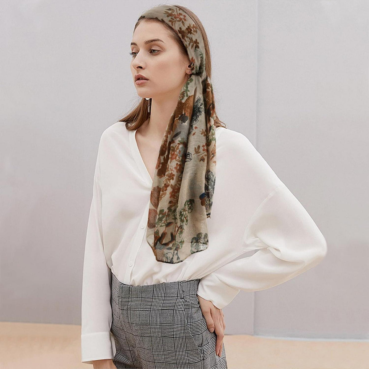Damen Schal Musselin Baumwolle Floral Herbst Braun