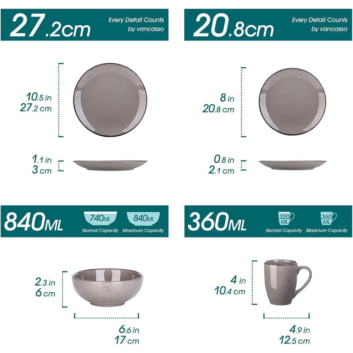 Steingut Tafelservice Set 16-teilig Vintage Natur Design Grau