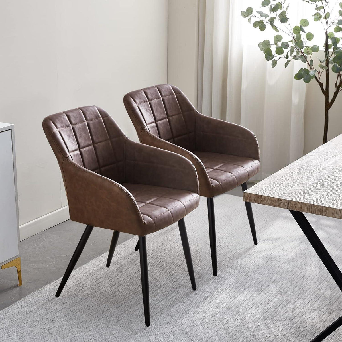 Esszimmerstühle Set mit Armlehnen Braun in Lederoptik
