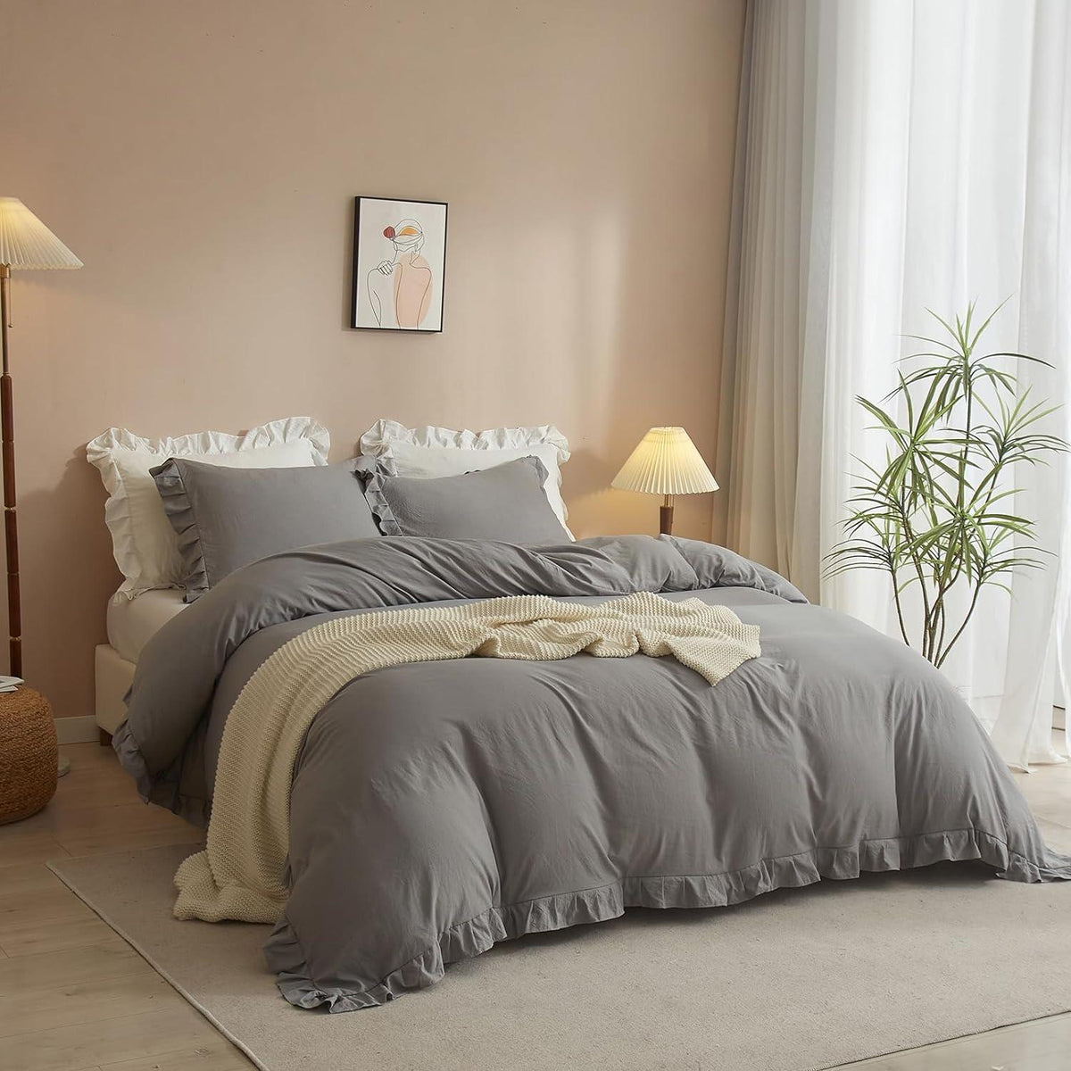 Rüschen Bettwäsche Set Grau Schwarz Blumen 135x200 4-teilig