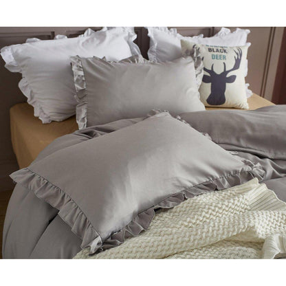 Rüschen Bettwäsche Set Grau Schwarz Blumen 135x200 4-teilig