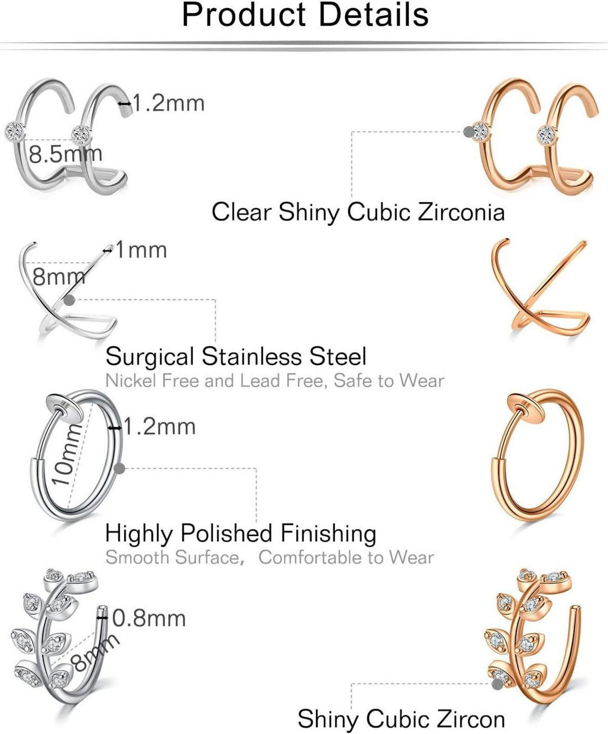 Mayhoop 16Stk Fake Piercings Ohr Manschette Edelstahl 8 Paar