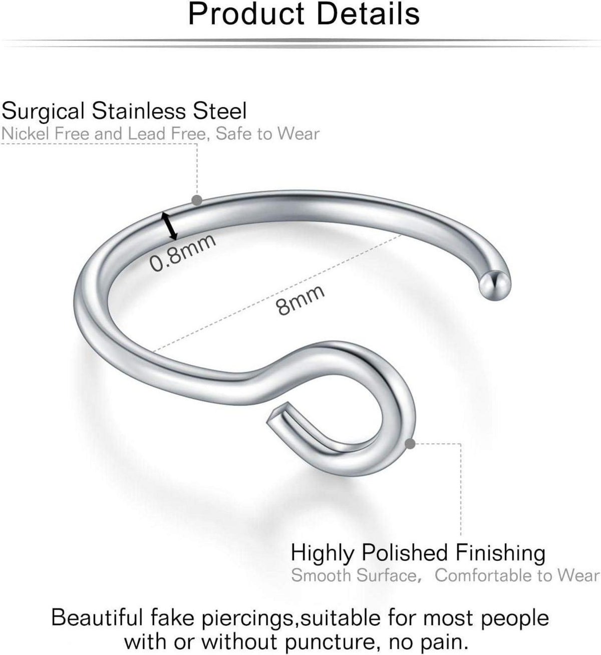 Nasenpiercings Fake 20G 12-16Stk Edelstahl 8mm Hoop Set