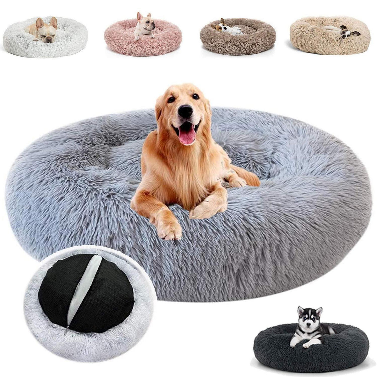 Flauschiges Hundebett Rund für Große Hunde - Hellgrau 120x120x20cm