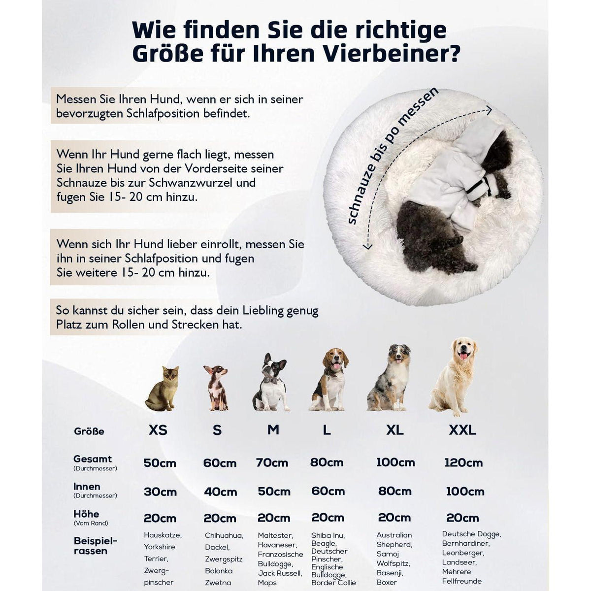 Flauschiges Hundebett Rund für Große Hunde - Hellgrau 120x120x20cm