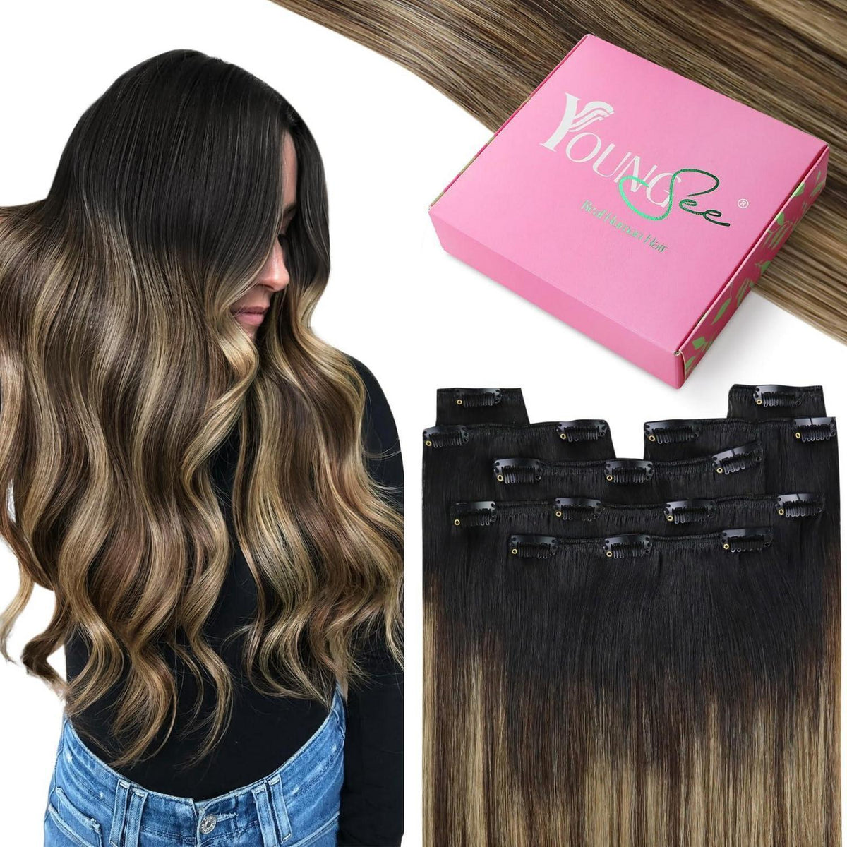 Echthaar Clip-in Extensions Balayage Schwarz Braun Blond 45cm