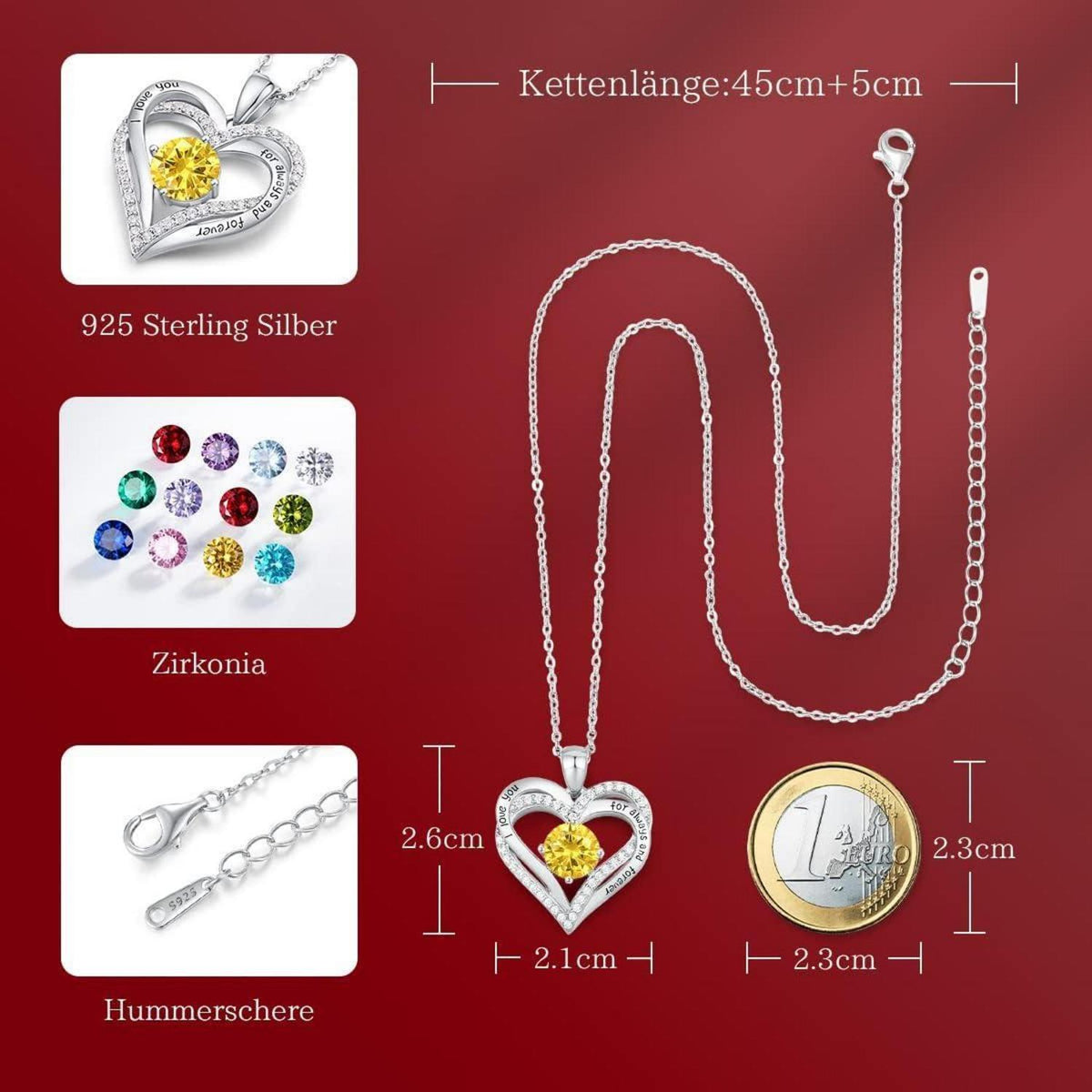 925 Sterling Silber Herz Halskette mit Zirkonia und Geburtsstein