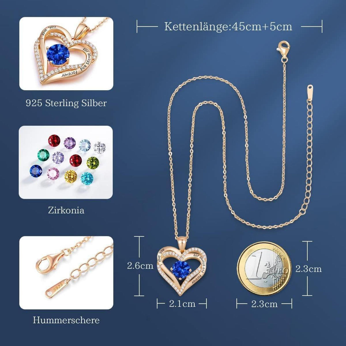 Herz Halskette 925 Sterling Silber Roségold mit Zirkonia und Geburtsstein