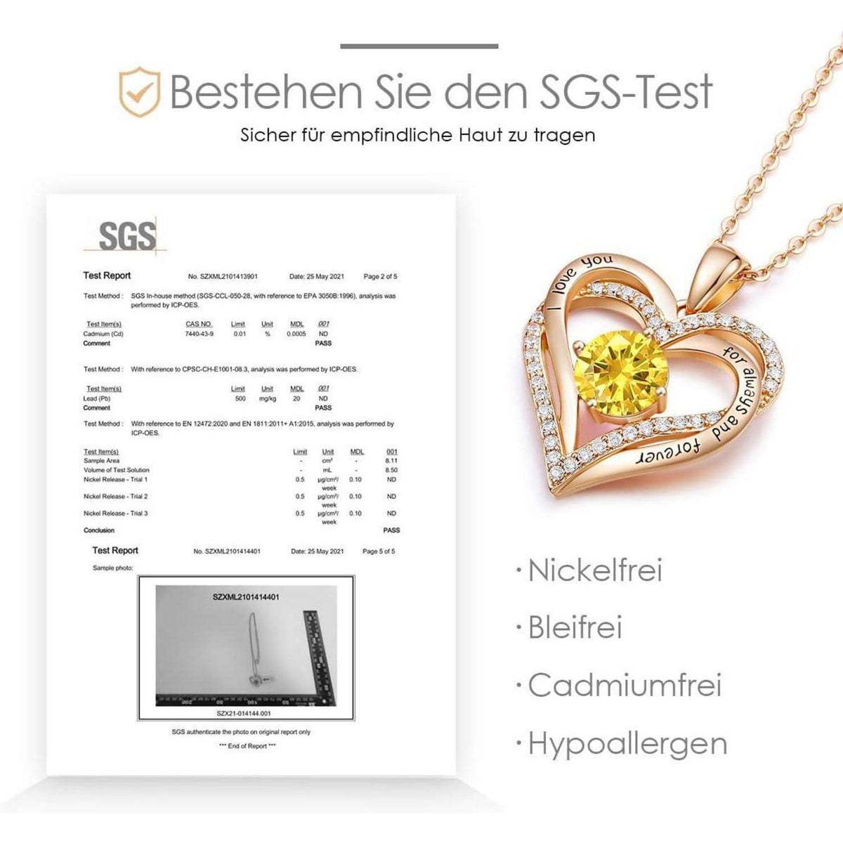 925 Sterling Silber Halskette Herz mit Zirkonia, Roségold, Geburtsstein-Option