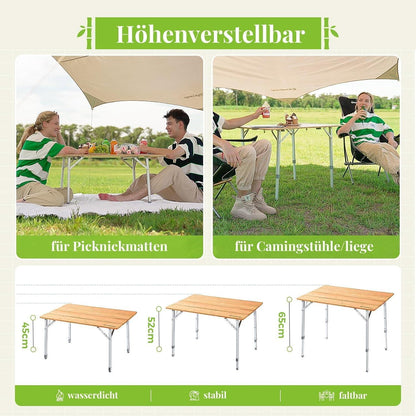 Höhenverstellbarer Bambus Campingtisch 100x65cm für 2-6 Personen