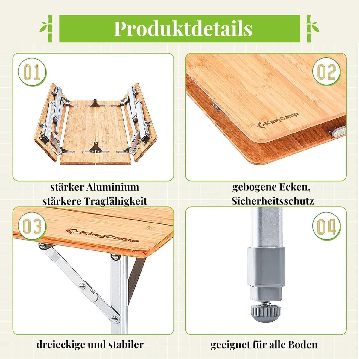 Höhenverstellbarer Bambus Campingtisch 100x65cm für 2-6 Personen