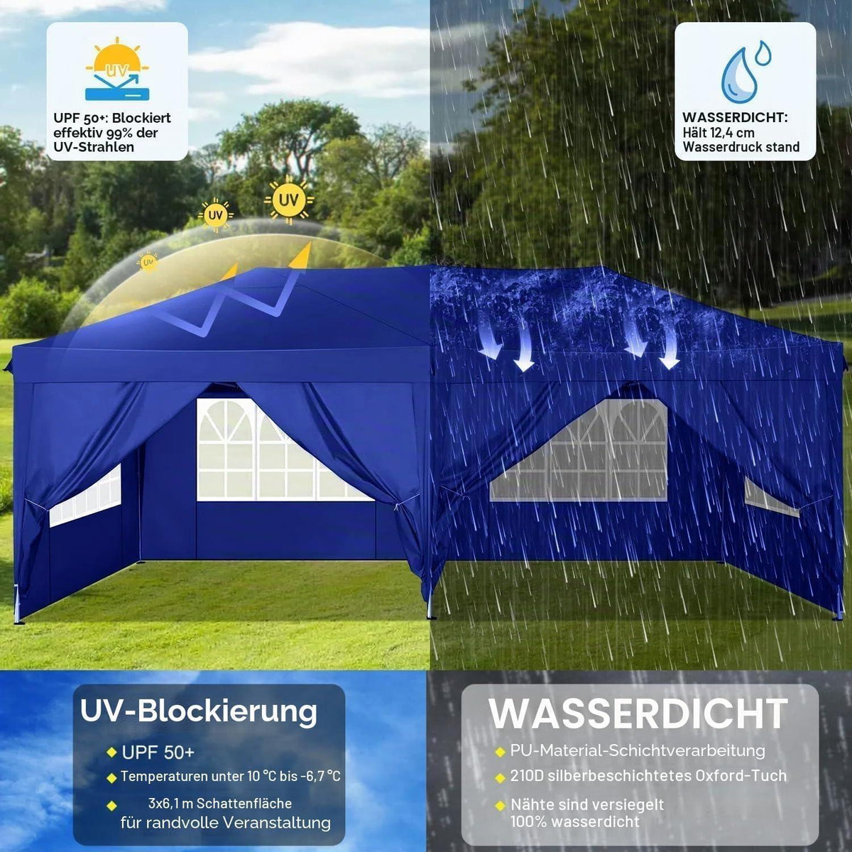 Faltpavillon 3x6m wasserdicht mit 6 Seitenwänden – Blau