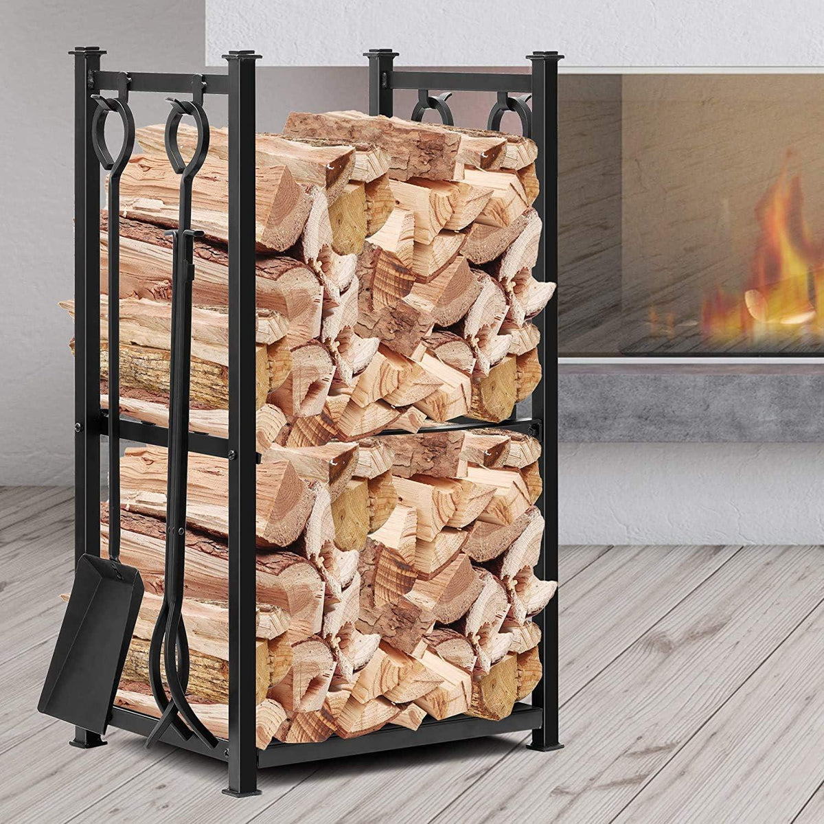 Kaminholzregal mit 4 Kaminwerkzeug 72x46x30cm Innen Außen Holzregal Schwarz
