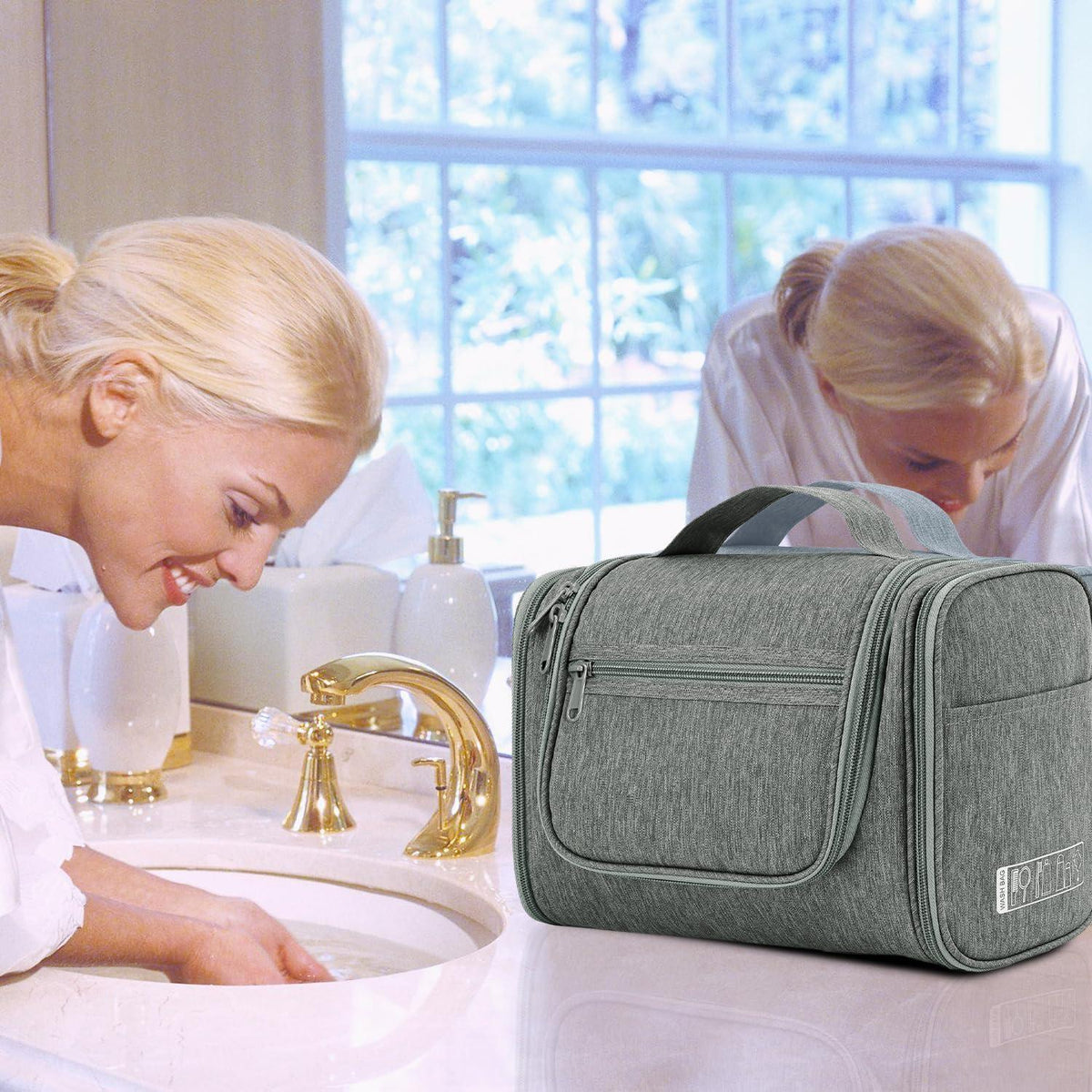Große Kulturtasche zum Aufhängen, Reise-Waschtasche mit vielen Fächern, Grau