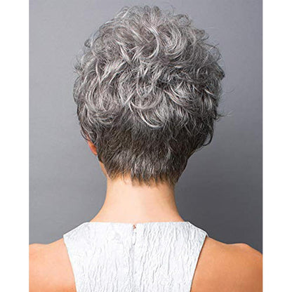 Graue Lockenperücke Kurz Damen Echthaar Perücke Pixie Cut