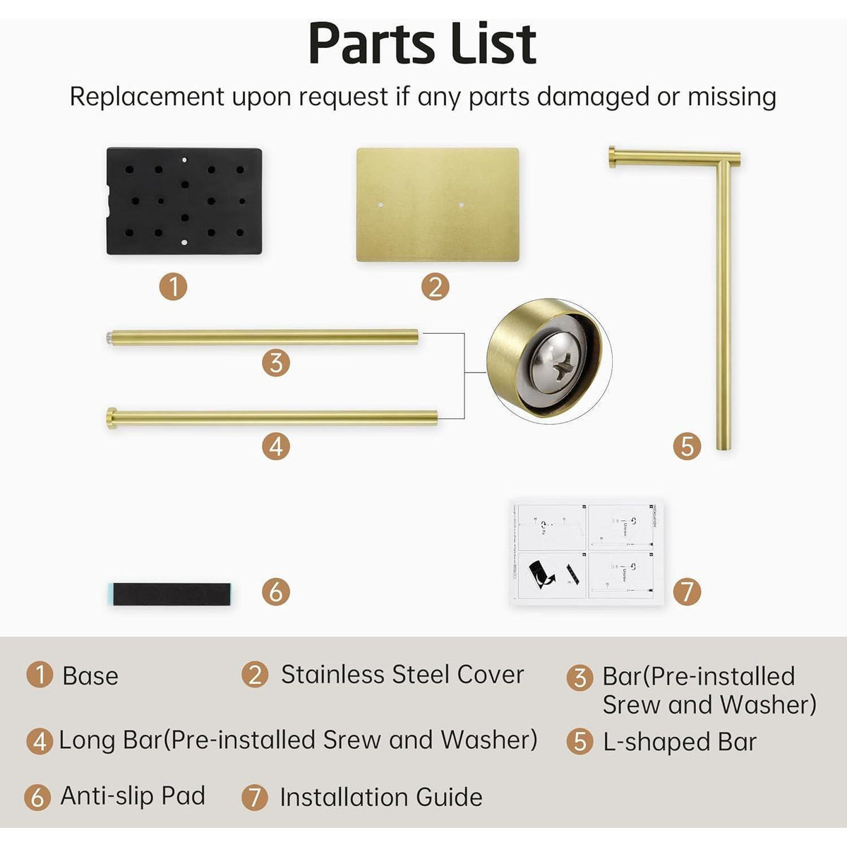 Freistehender Toilettenpapierhalter aus Edelstahl, gebürstetes Gold