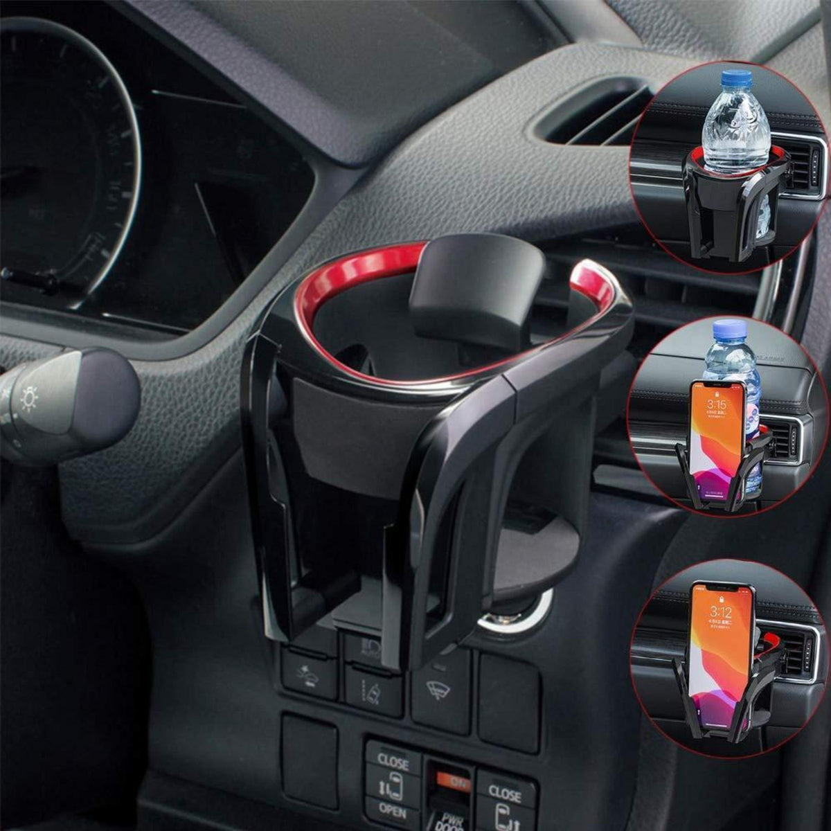2-in-1 Getränkehalter & Handyhalter für Auto – Schwarz/Rot