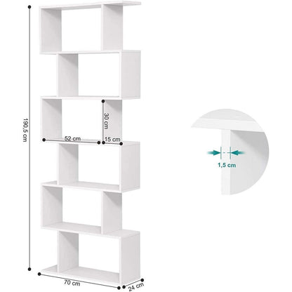Weißes Bücherregal 6-Ebenen, S-Form, 70x24x190.5 cm