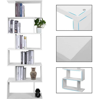 Weißes Bücherregal 6-Ebenen, S-Form, 70x24x190.5 cm