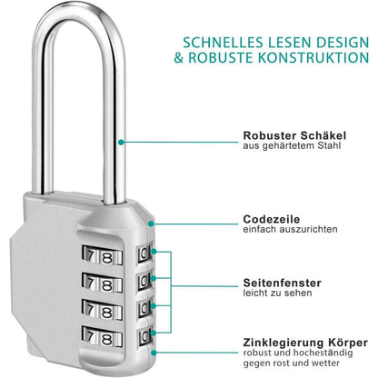 Vorhängeschloss 4-stellig Zahlenschloss mit langem Bügel 2er