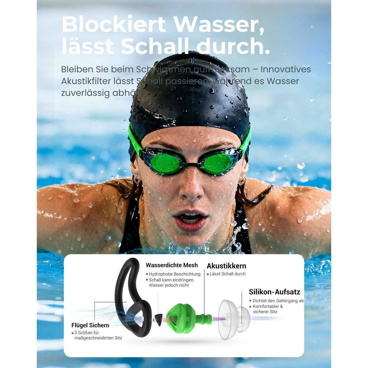 Wasserdichte Schwimm-Ohrstöpsel Set (2er Pack) - Grün Minzgrün