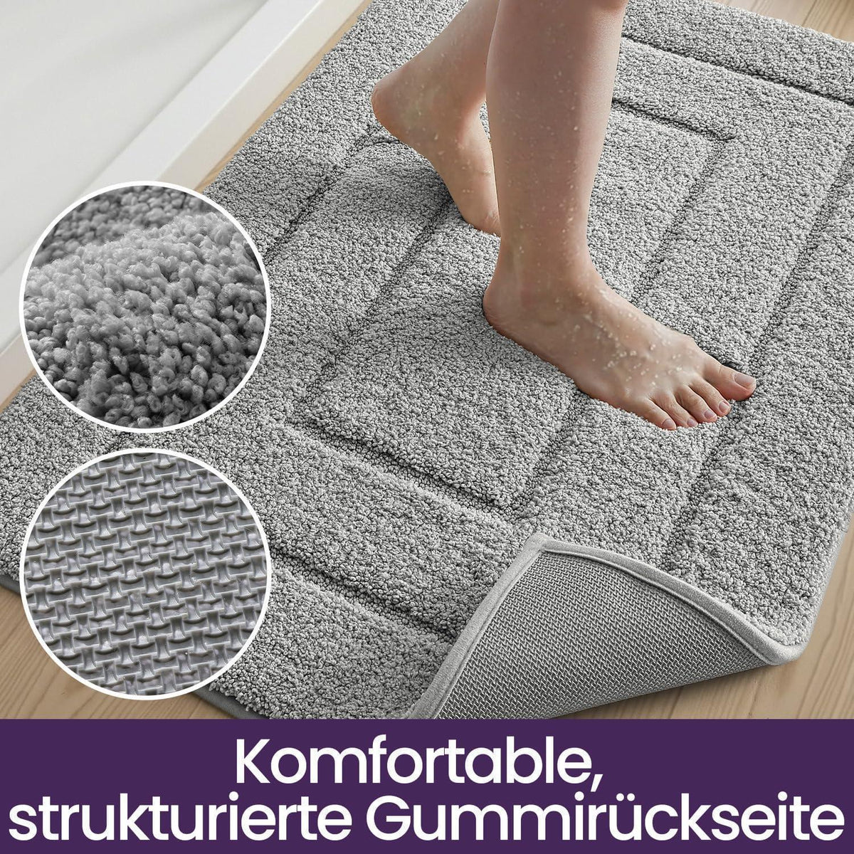 Rutschfeste Badematte Mikrofaser Hellgrau 60x90 cm