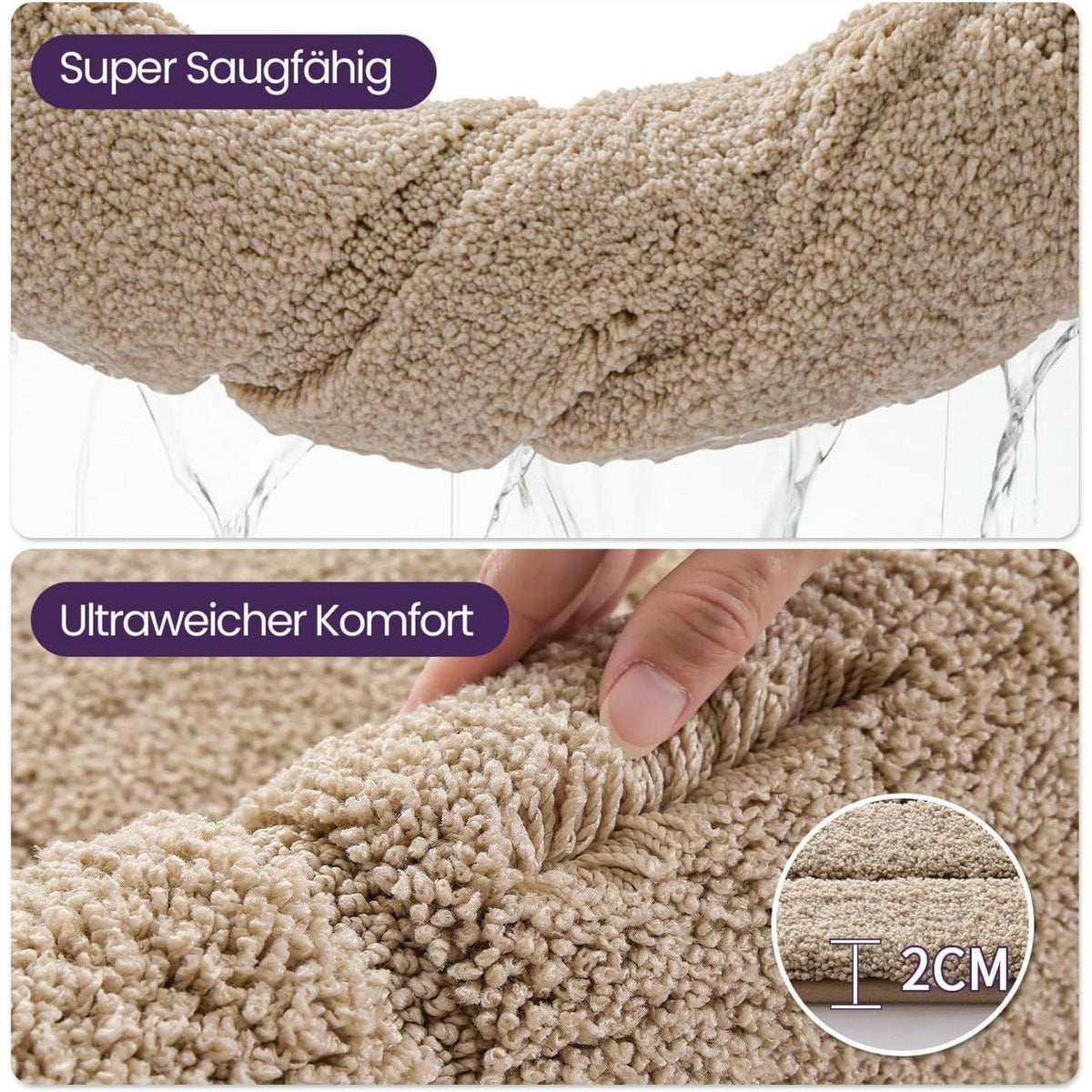 Rutschfeste Badematte Mikrofaser Beige 50x80 cm