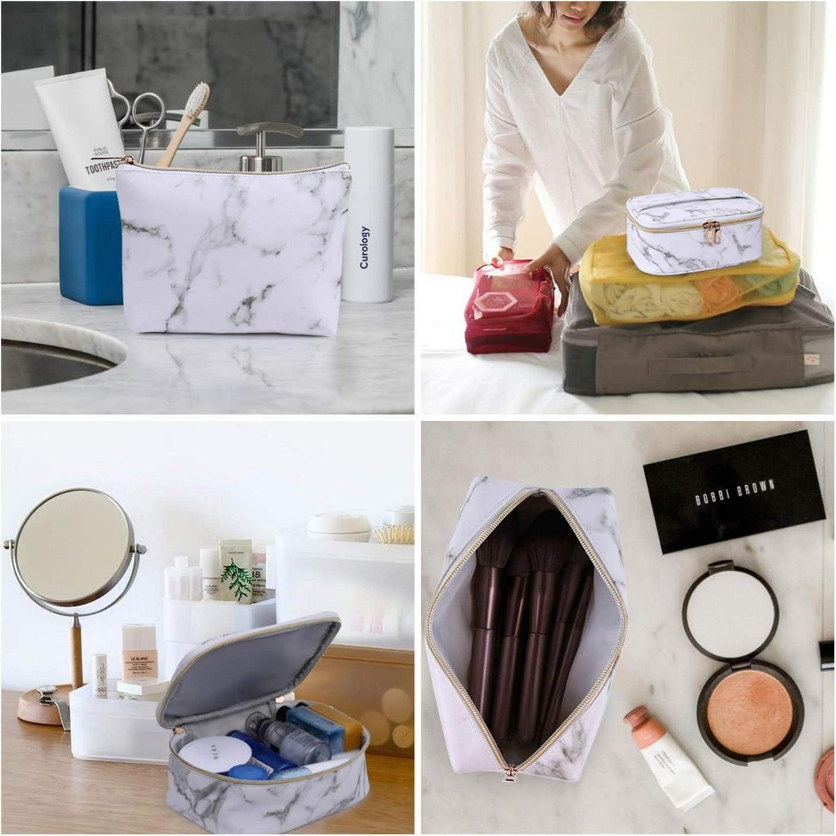 3er Set Make Up Tasche Kulturbeutel PU-Leder Marmor