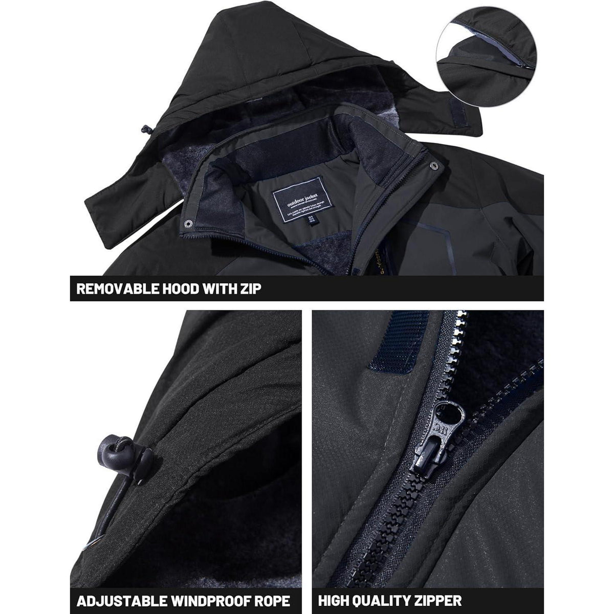 Herren Winterjacke wasserdicht warm gefüttert mit Kapuze Grau/Schwarz 3XL