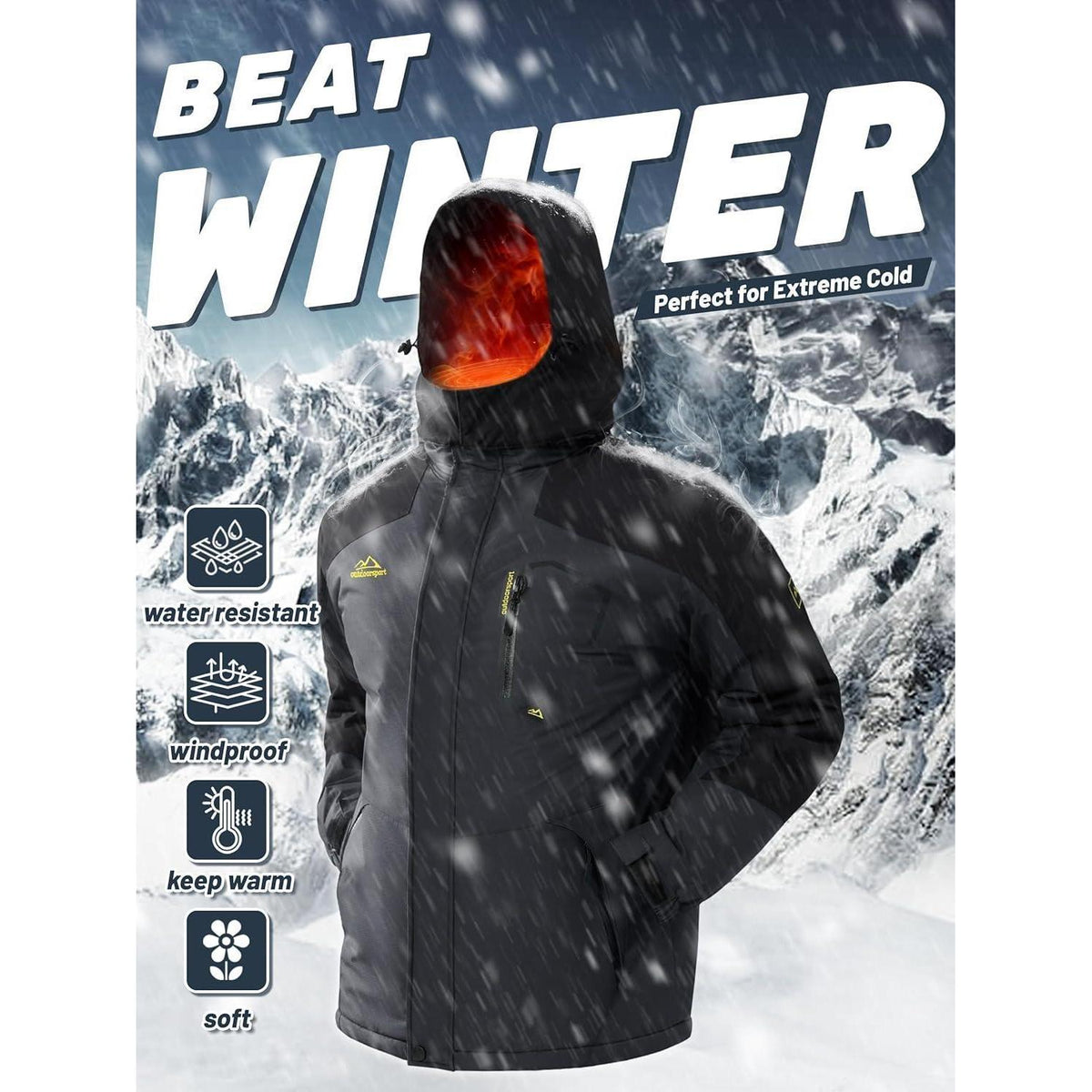 Herren Winterjacke wasserdicht warm gefüttert mit Kapuze Grau/Schwarz 3XL