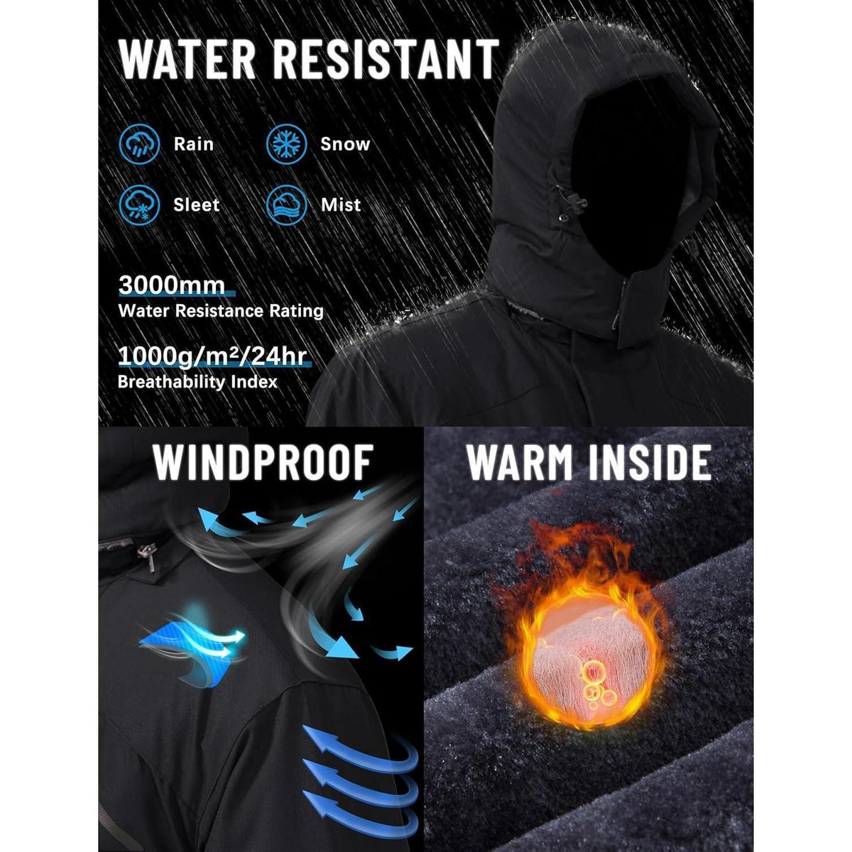 Herren Winterjacke wasserdicht warm gefüttert mit Kapuze 3XL Schwarz