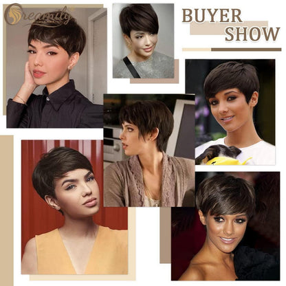 Kurze Damen Perücke Pixie Cut Schokoladenbraun mit Pony