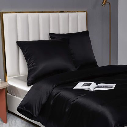Satin Bettwäsche Set Schwarz 200x200cm + 2x 80x80cm