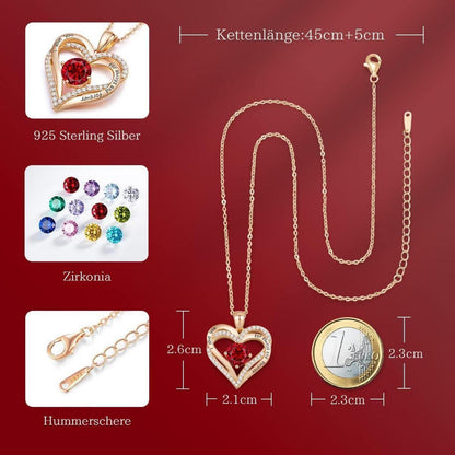 Herz Halskette 925 Sterling Silber Rosegold mit Zirkonia & Geburtsstein