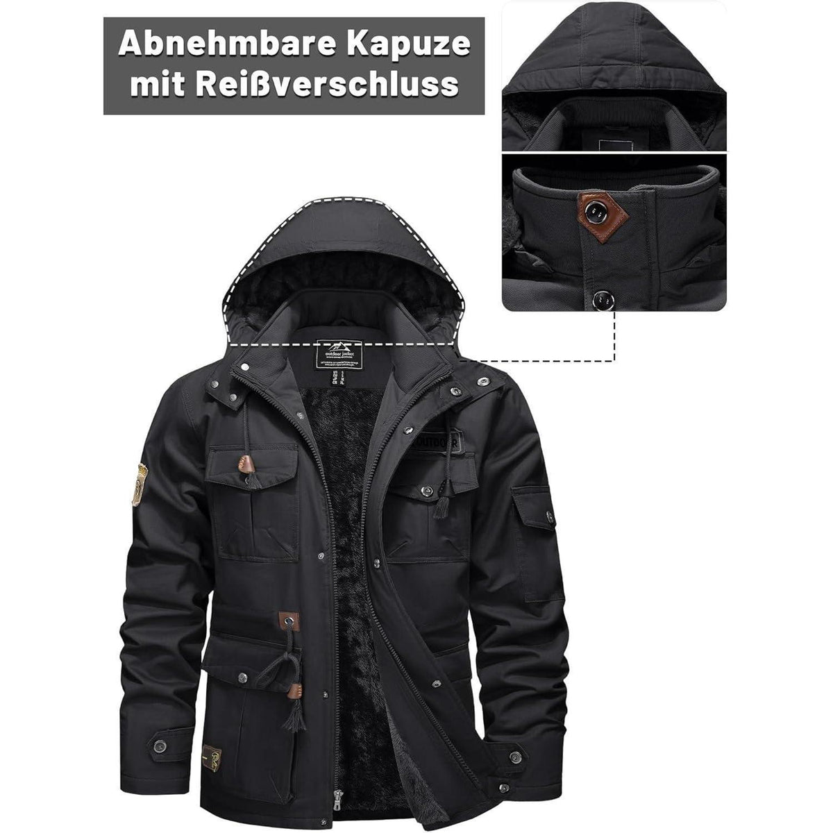 Herren Winterjacke Fleecegefüttert Cargotasche Grau