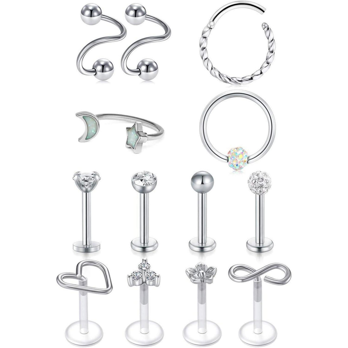 Chirurgenstahl Piercing Set 16G Silber mit CZ für Damen & Herren