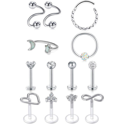Chirurgenstahl Piercing Set 16G Silber mit CZ für Damen & Herren
