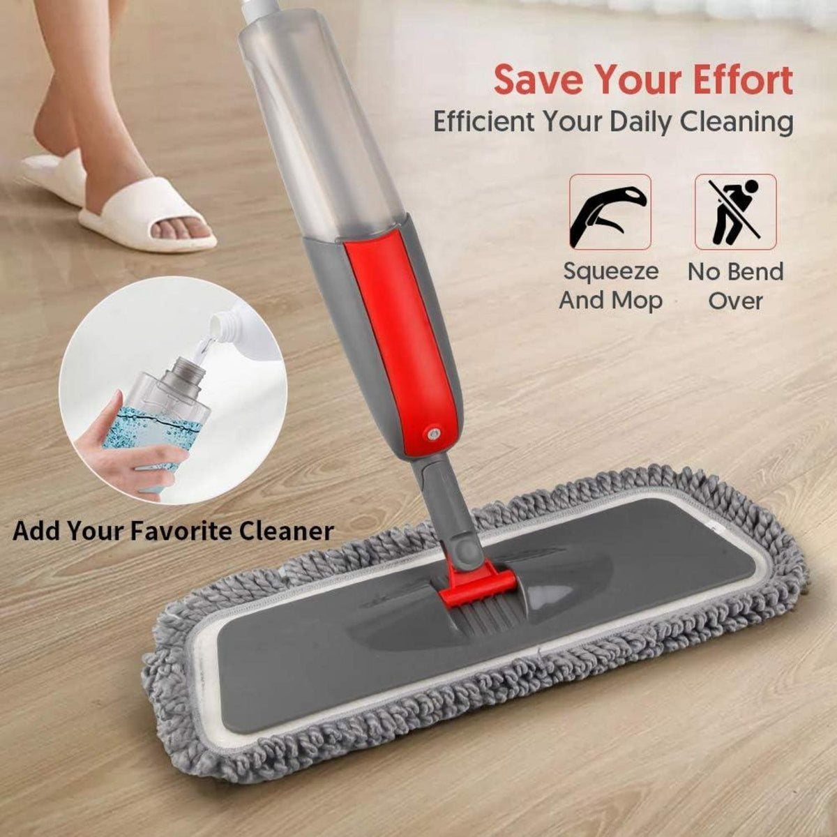 Bodenwischer mit Sprühfunktion und Schaber, 360 Grad Wischmopp 3-Mikrofaserbezug