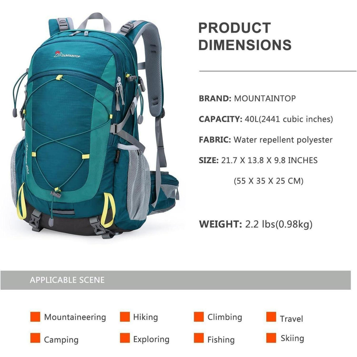 Trekkingrucksack 40L mit vielen Fächern, blaugrün