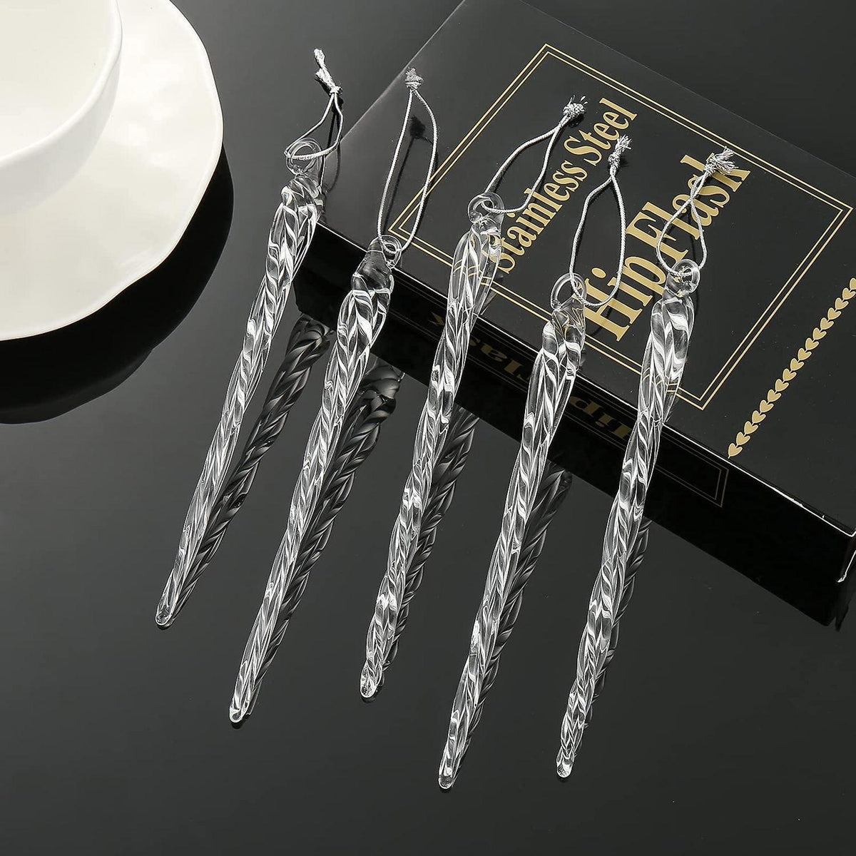 12er Set Glas Eiszapfen Christbaumschmuck 14cm transparent